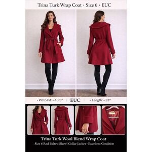 Trina Turk Red Wool Blend Wrap Coat Size 6 Belted Shawl Collar Lined EUC